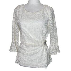 Scarlett Ivory Gold Lace Bell Sleeve Ruched Embellished Bead Accent Blouse Top M